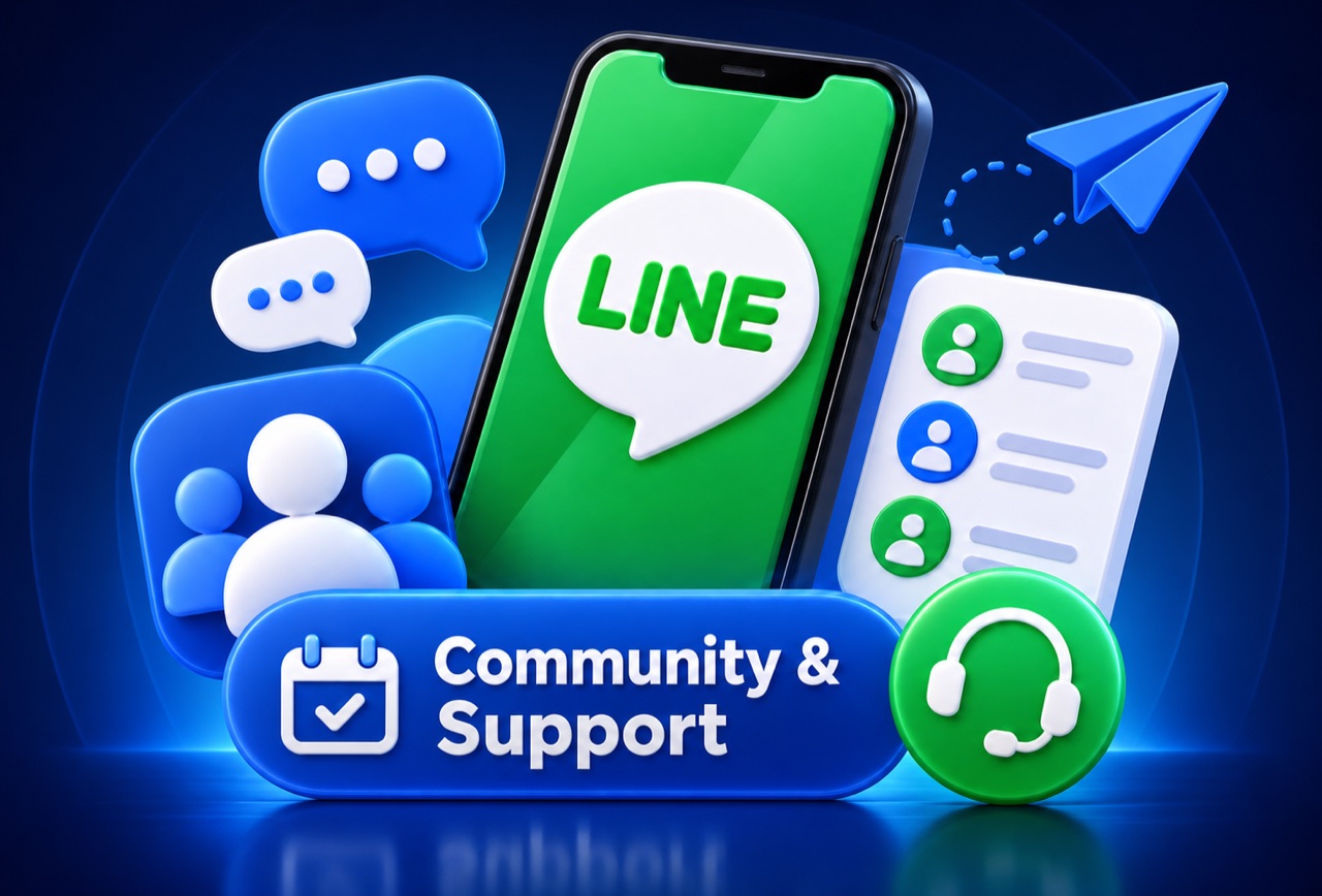 Community และ Support ผ่าน LINE บนพื้นหลังน้ำเงิน